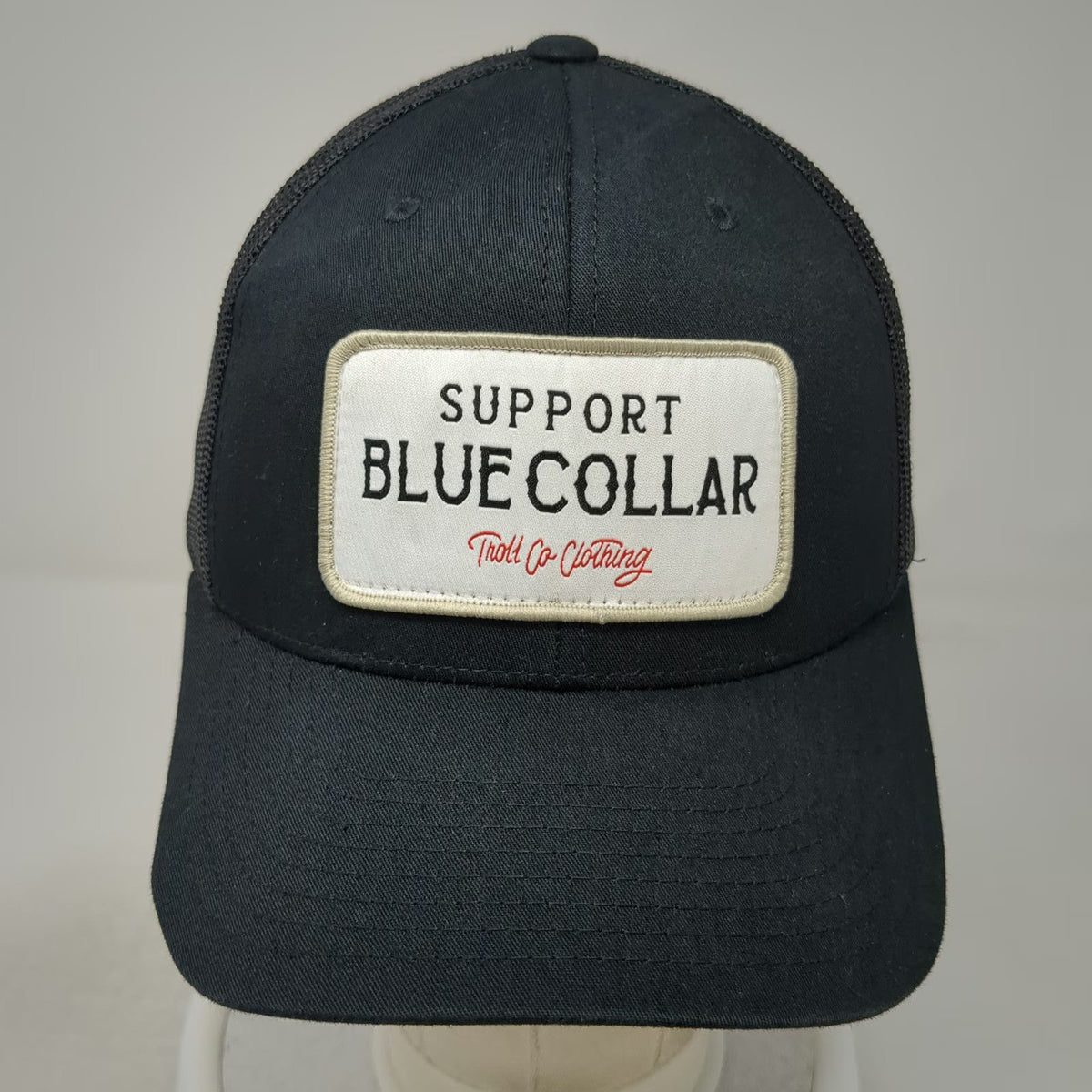 Troll Co. Trucker Hat Black OSFM Support Blue Collar Patch Snapback Mesh Back