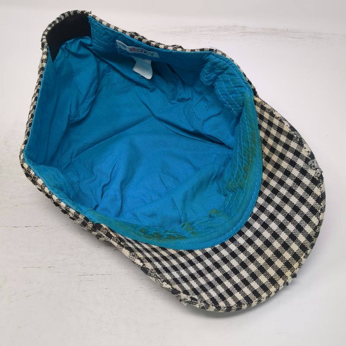 Roxy Army Cap Black White One Size Distressed Gingham Check Studs Plaid Hat