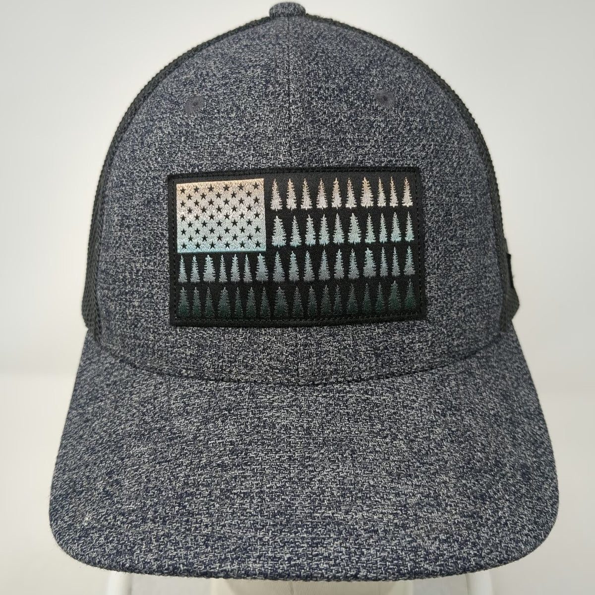 Columbia Baseball Cap Gray XL Mesh Back Stretch Fit Pine Tree Flag Outdoor Hat