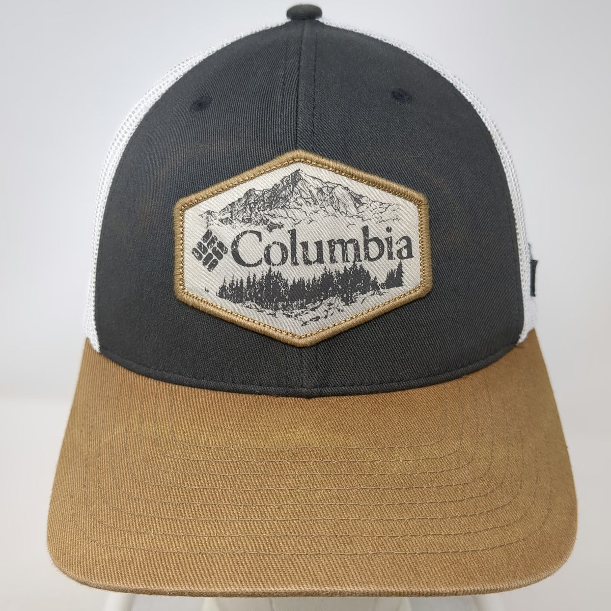 Columbia Trucker Hat Gray White Brown One Size Mesh Snapback Mountain Patch