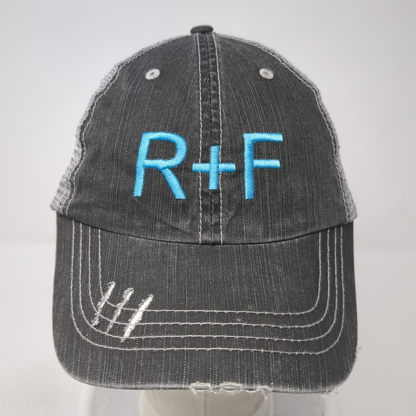 R+F Trucker Hat Gray One Size Adjustable Embroidered Distressed Mesh Back