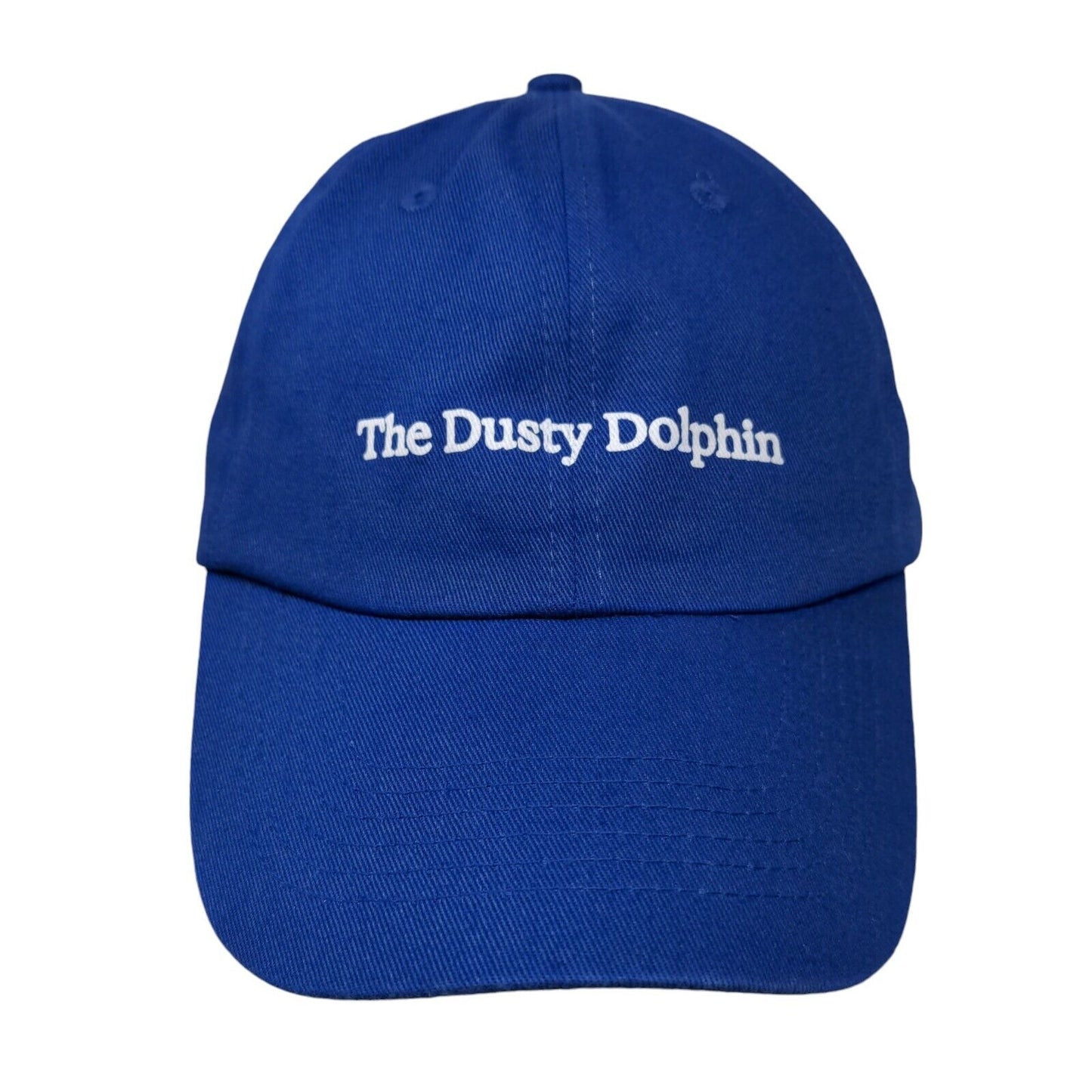 The Dusty Dolphin Slideback Hat Blue OSFA Adjustable 6 Panel Vent Holes