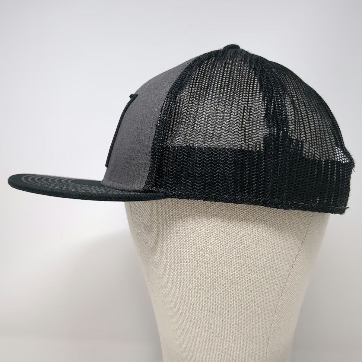 MISSION43 Trucker Hat Black One Size Snapback Mesh Flat Brim Logo Patch Lead