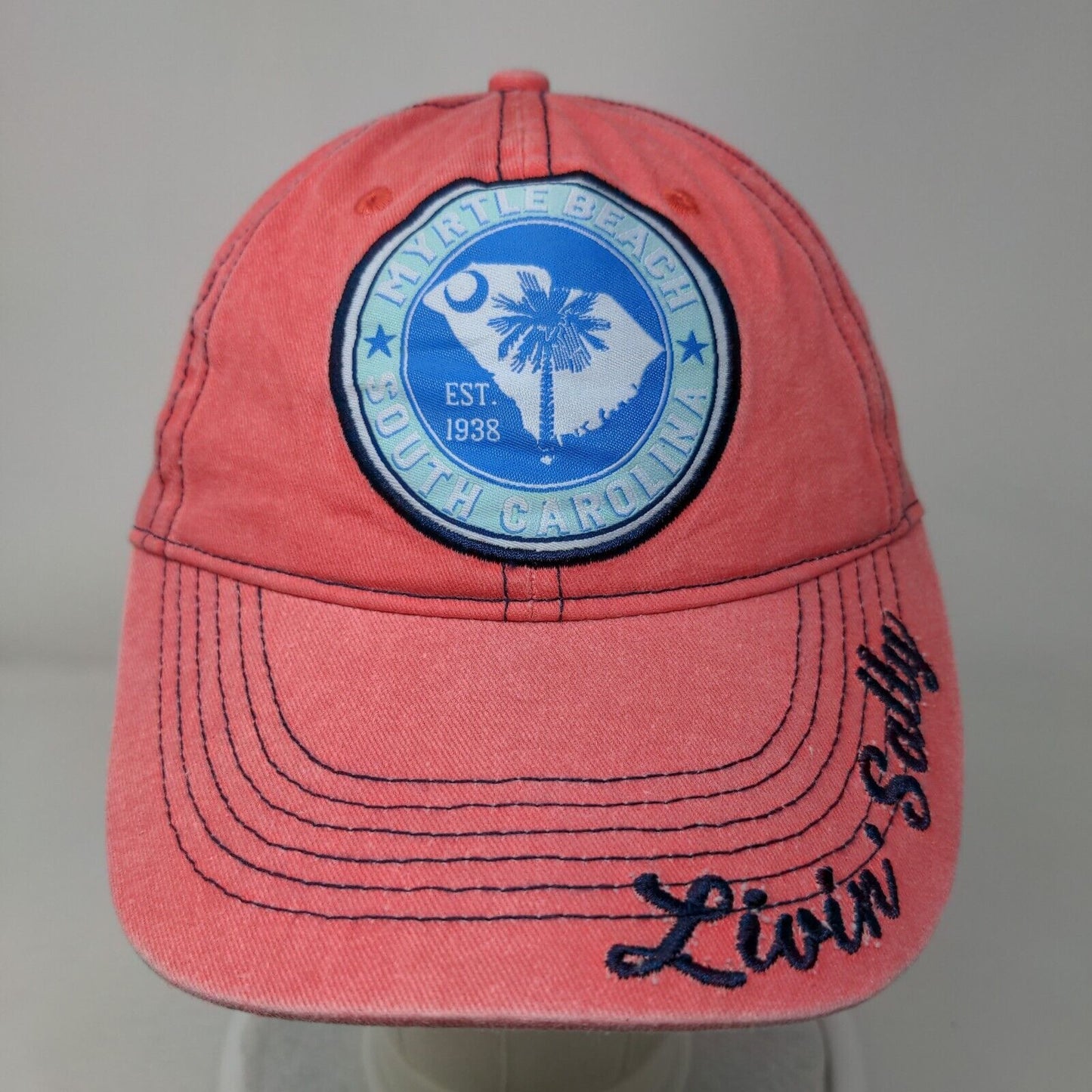 Myrtle Beach South Carolina Livin' Salty Strapback Hat Pink OSFA Embroidered
