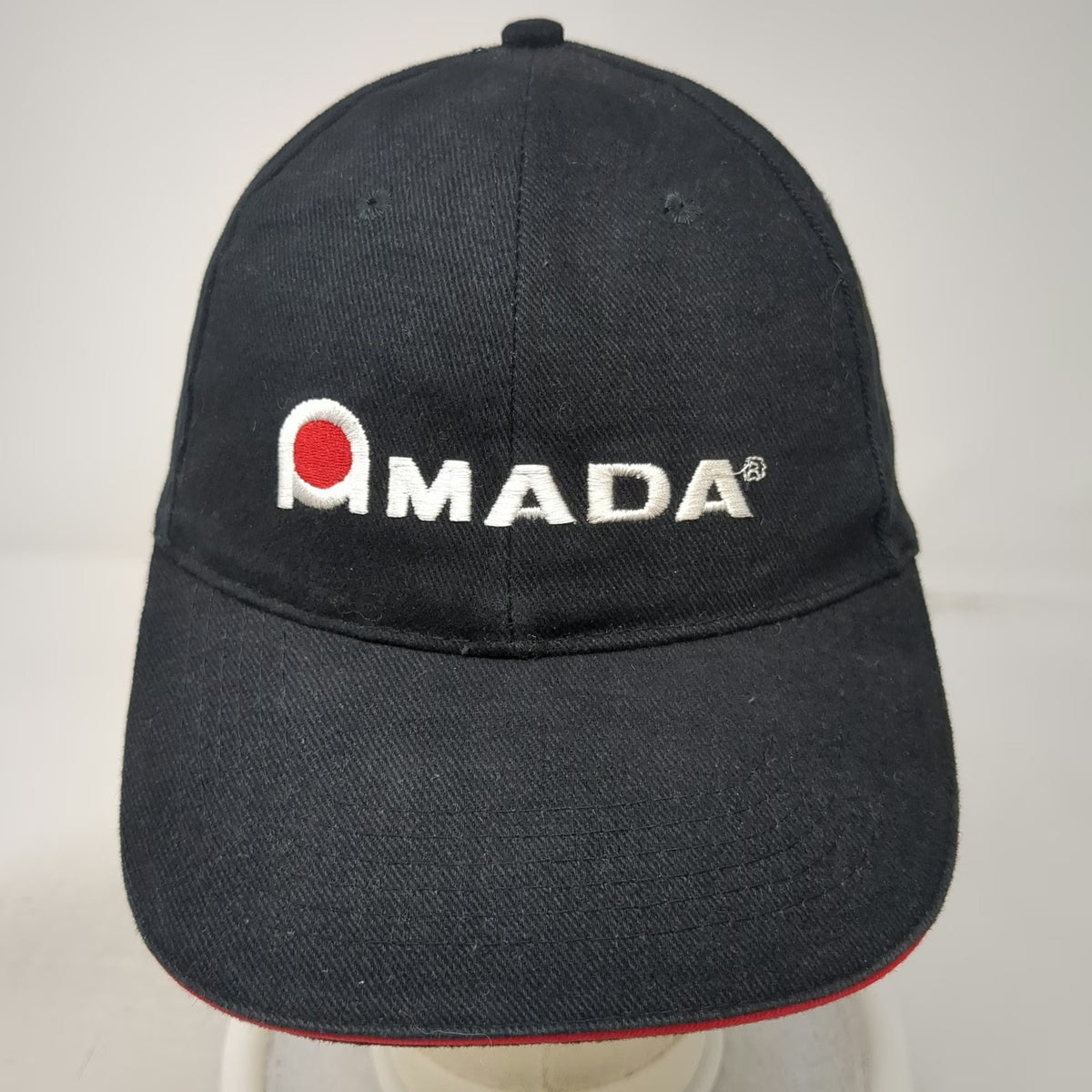 Amada Hat Baseball Cap Black One Size Strapback Embroidered Logo Red Trim