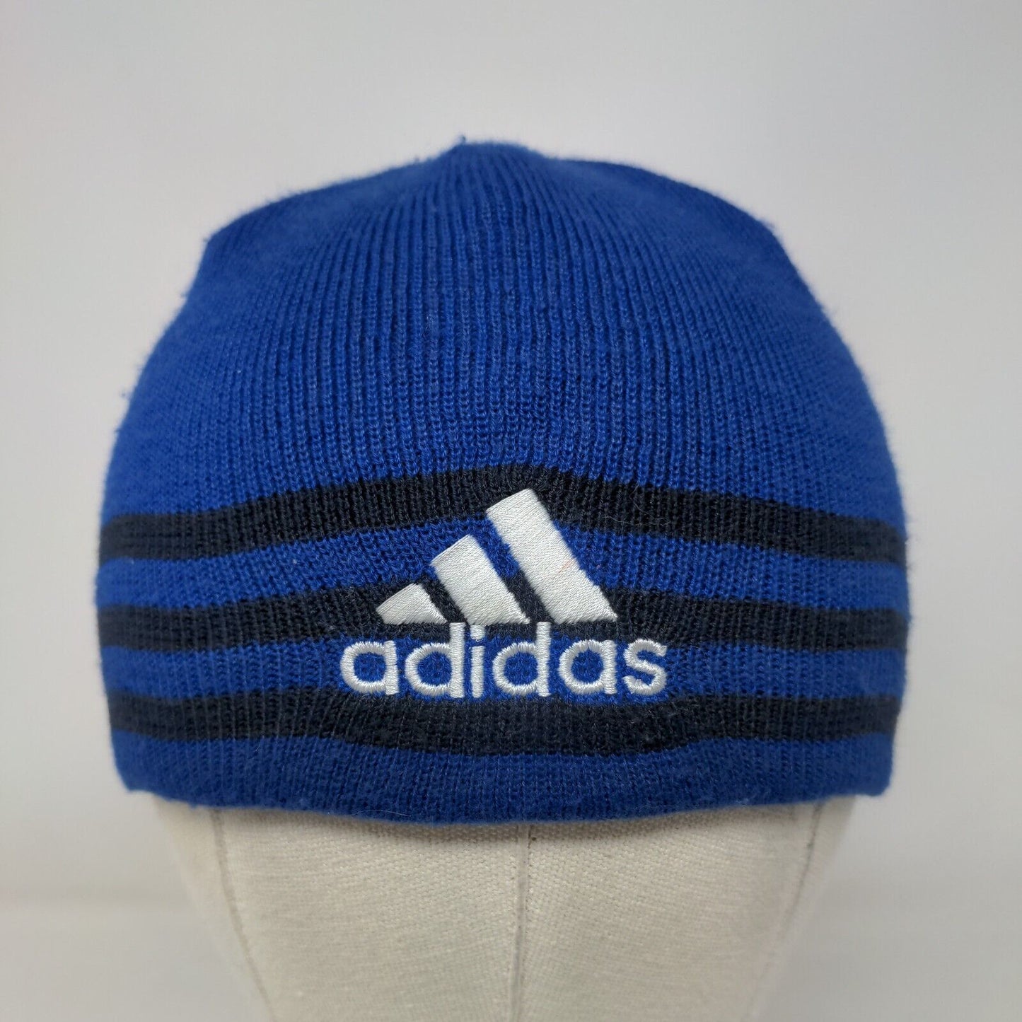 Adidas Beanie Hat Blue One Size Stretch Knitted 3 Stripes Embroidered Logo