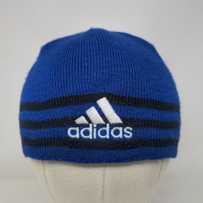 Adidas Beanie Hat Blue One Size Stretch Knitted 3 Stripes Embroidered Logo