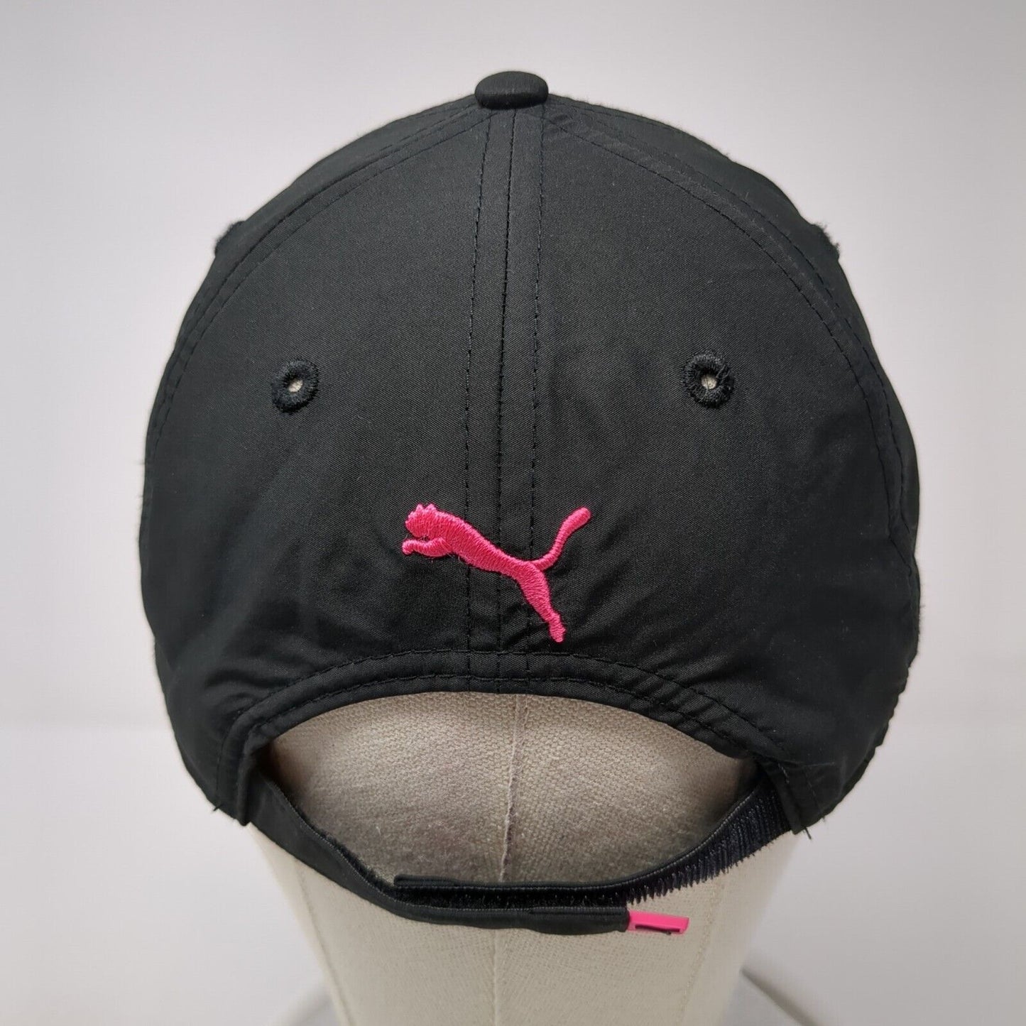 PUMA Strapback Hat Black One Size Adjustable Embroidered Vented Holes 6 Panel