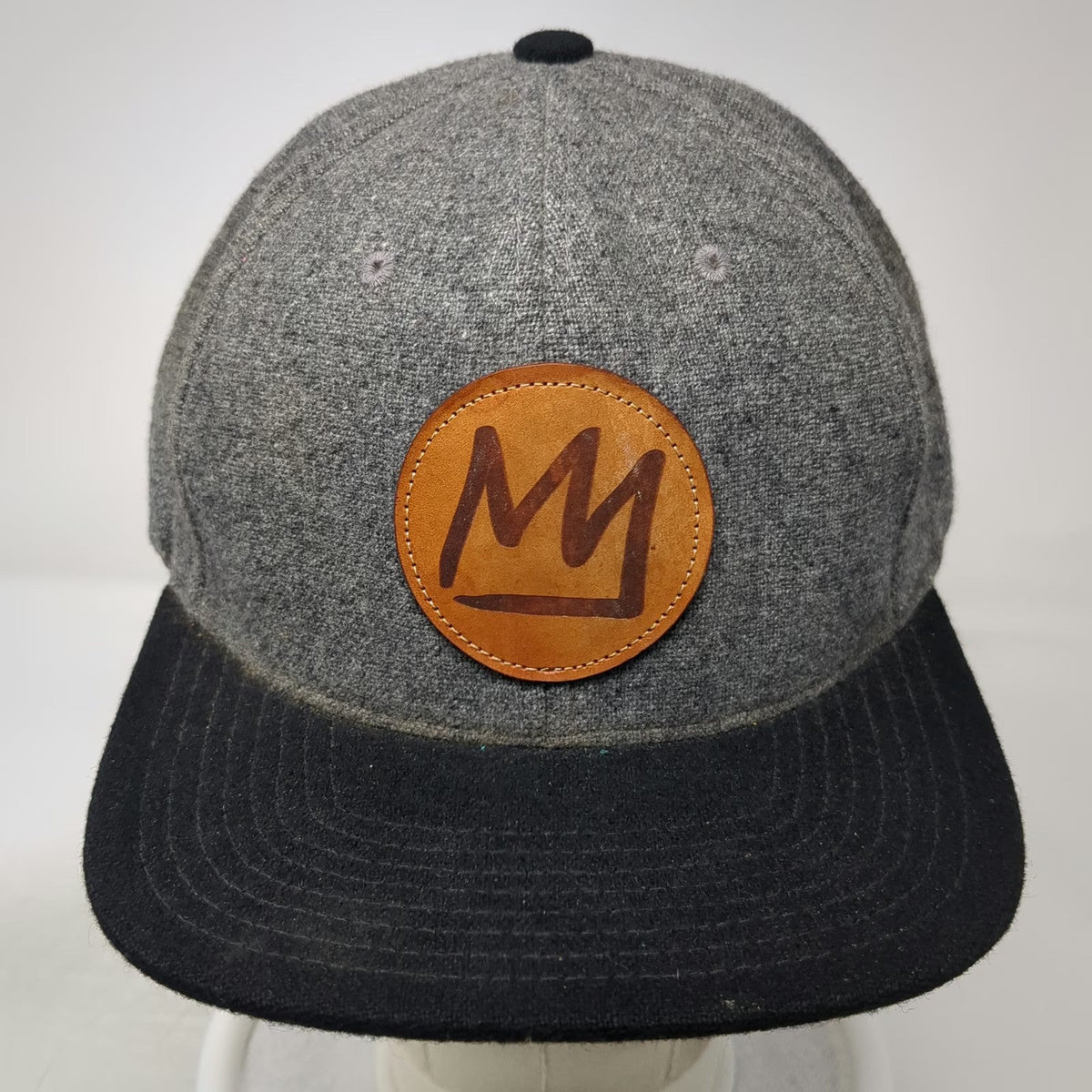 Mammoth Baseball Cap Gray One Size Leather Patch Wool Blend Flat Brim Hat Crown