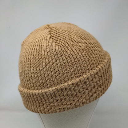 Woo Sah Beanie Hat Tan One Size Knitted Stretch Patch Logo Solid
