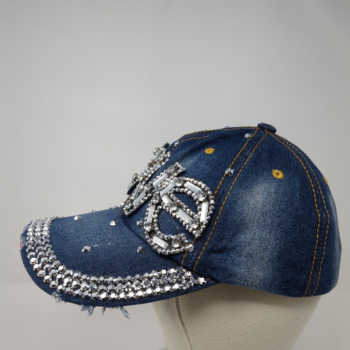 LOVE Studded Slideback Hat Blue One Size Adjustable Denim Distressed Rhinestone