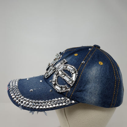 LOVE Studded Slideback Hat Blue One Size Adjustable Denim Distressed Rhinestone