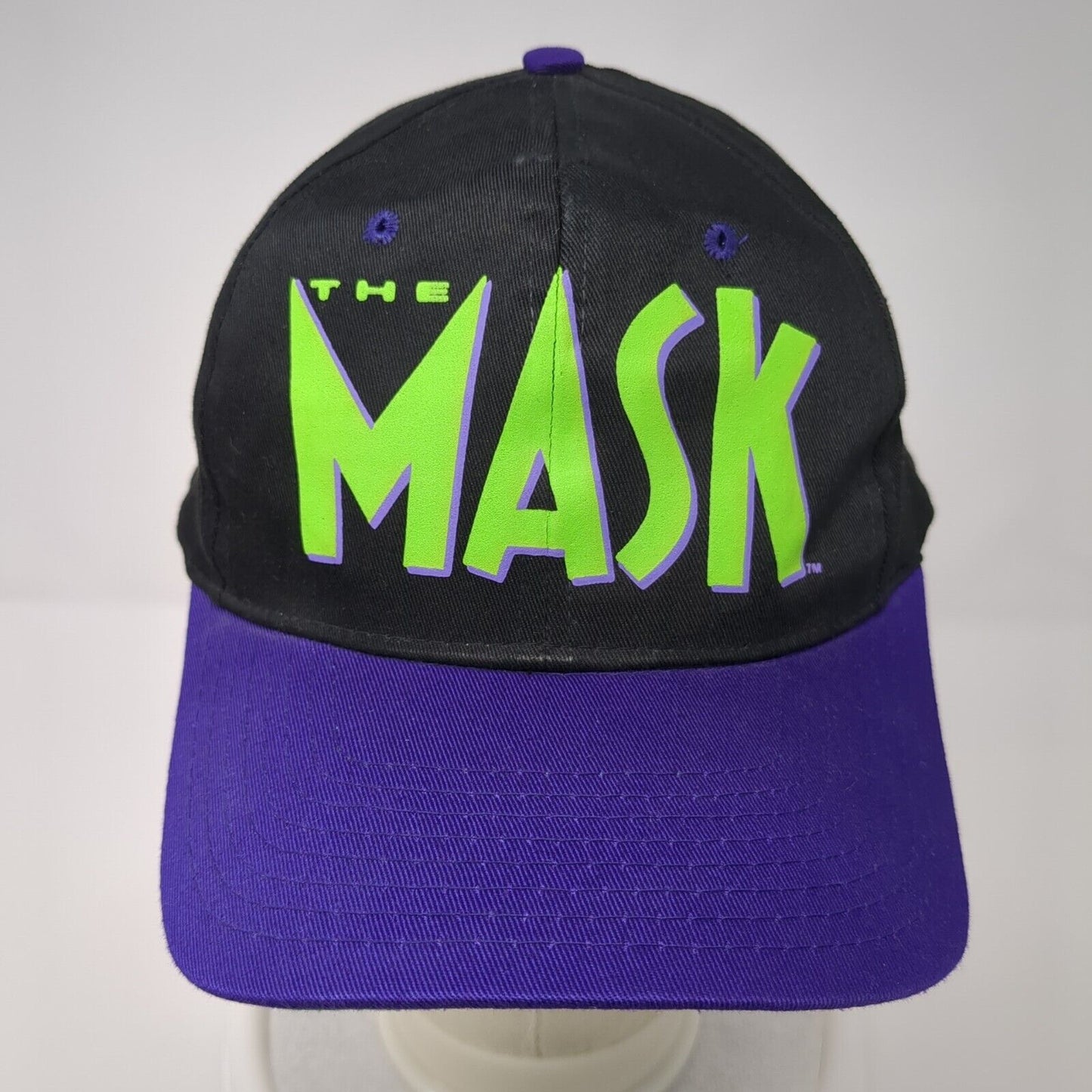 Vintage The Mask Movie Snapback Hat Black Purple OSFA Suede Puff Graphic Logo