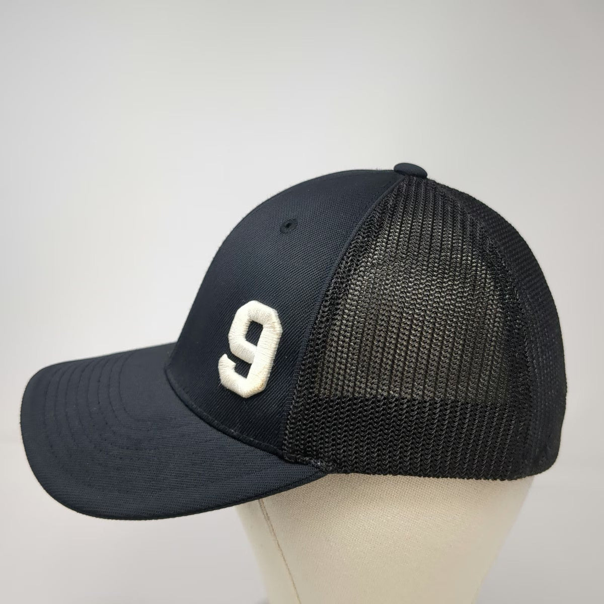 Pacific Headwear Baseball Cap Black 7 3/8 Mesh Back Stretch Fit Hat Number 9