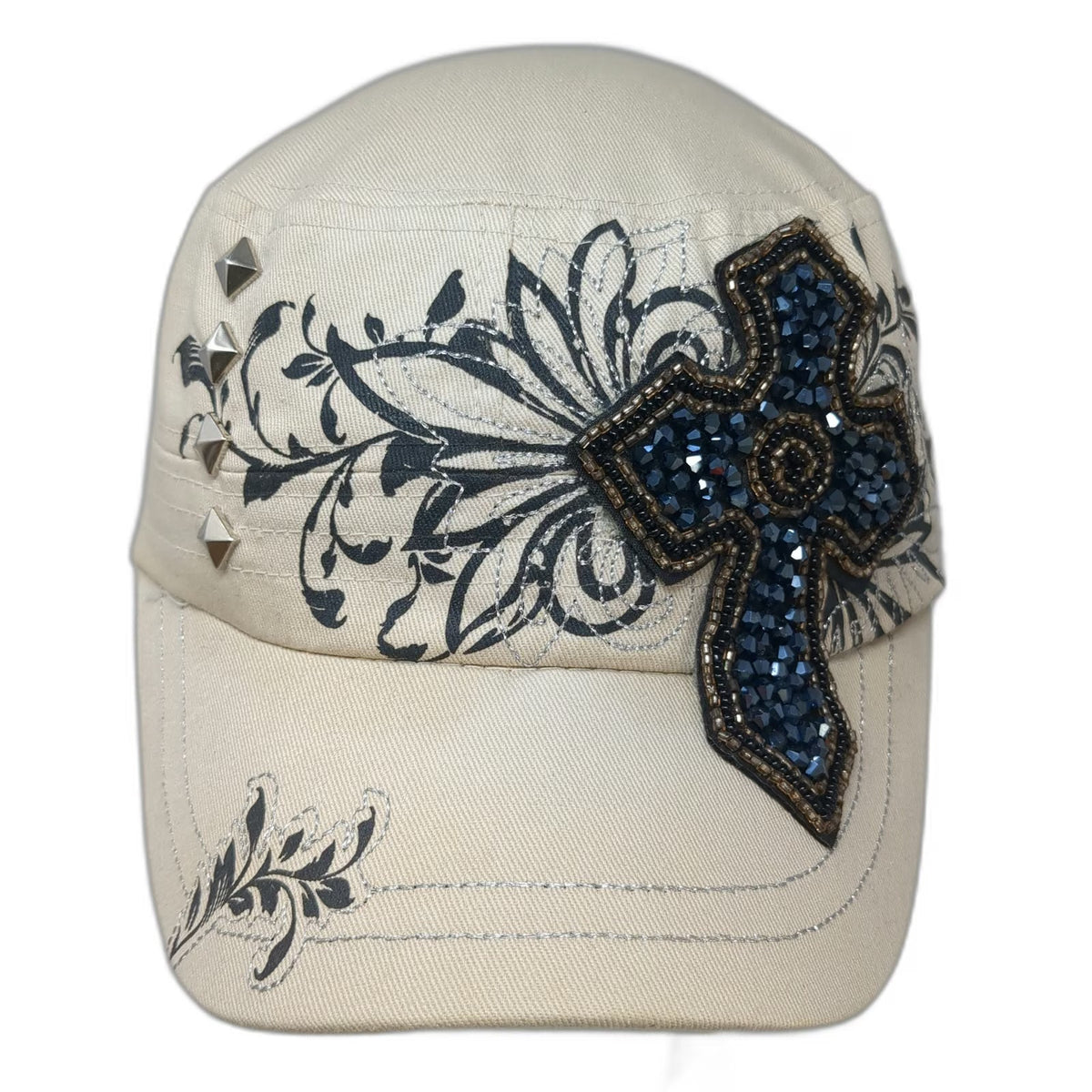 Beige Army Cap One Size Beaded Cross Floral Silver Embroidery Studs Cadet Hat
