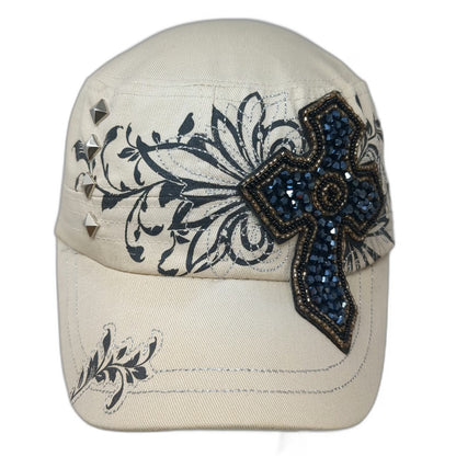 Beige Army Cap One Size Beaded Cross Floral Silver Embroidery Studs Cadet Hat