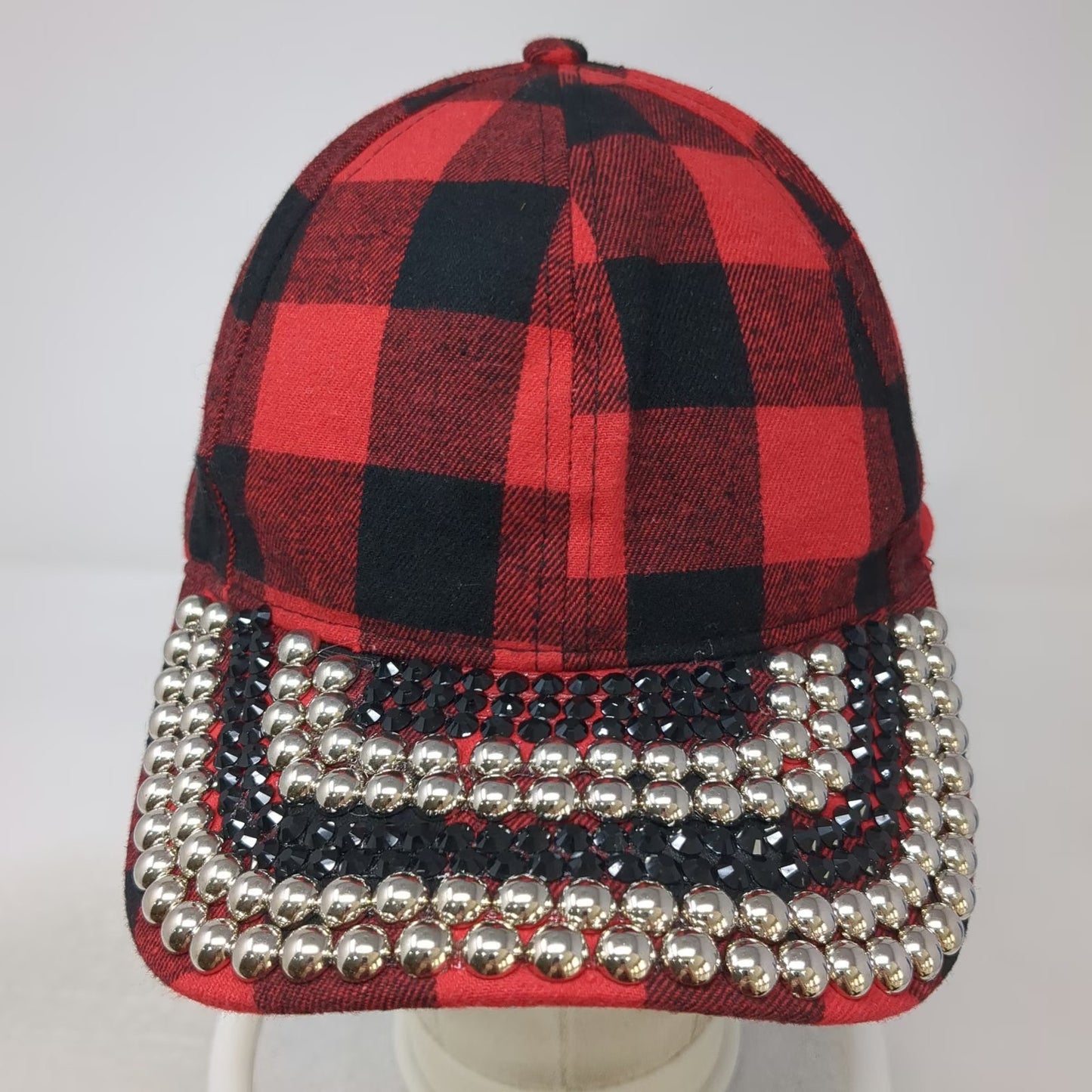 Ashley Stewart Baseball Cap Red Black Plaid One Size Studded Rhinestones Hat
