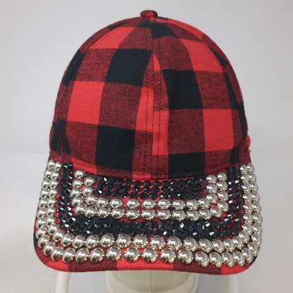 Ashley Stewart Baseball Cap Red Black Plaid One Size Studded Rhinestones Hat