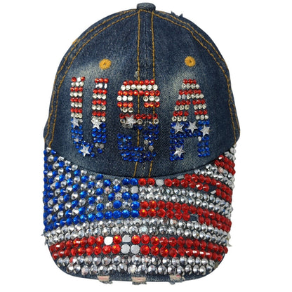 USA Bling Slideback Hat Multi One Size Adjustable Denim Rhinestone