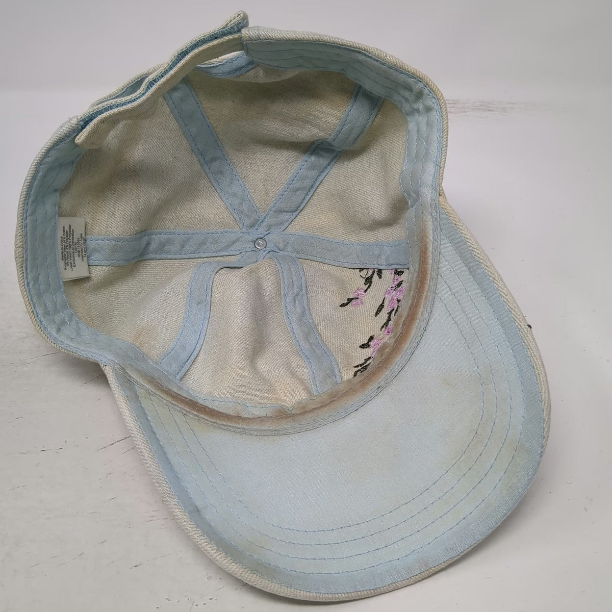 Baseball Cap Blue One Size Floral Cherry Blossom Embroidery Strapback Denim Hat