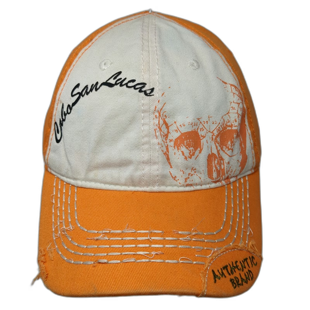 dkps Cabo San Lucas Orange Baseball Cap One Size Hat Skull Frayed Studded Mexico