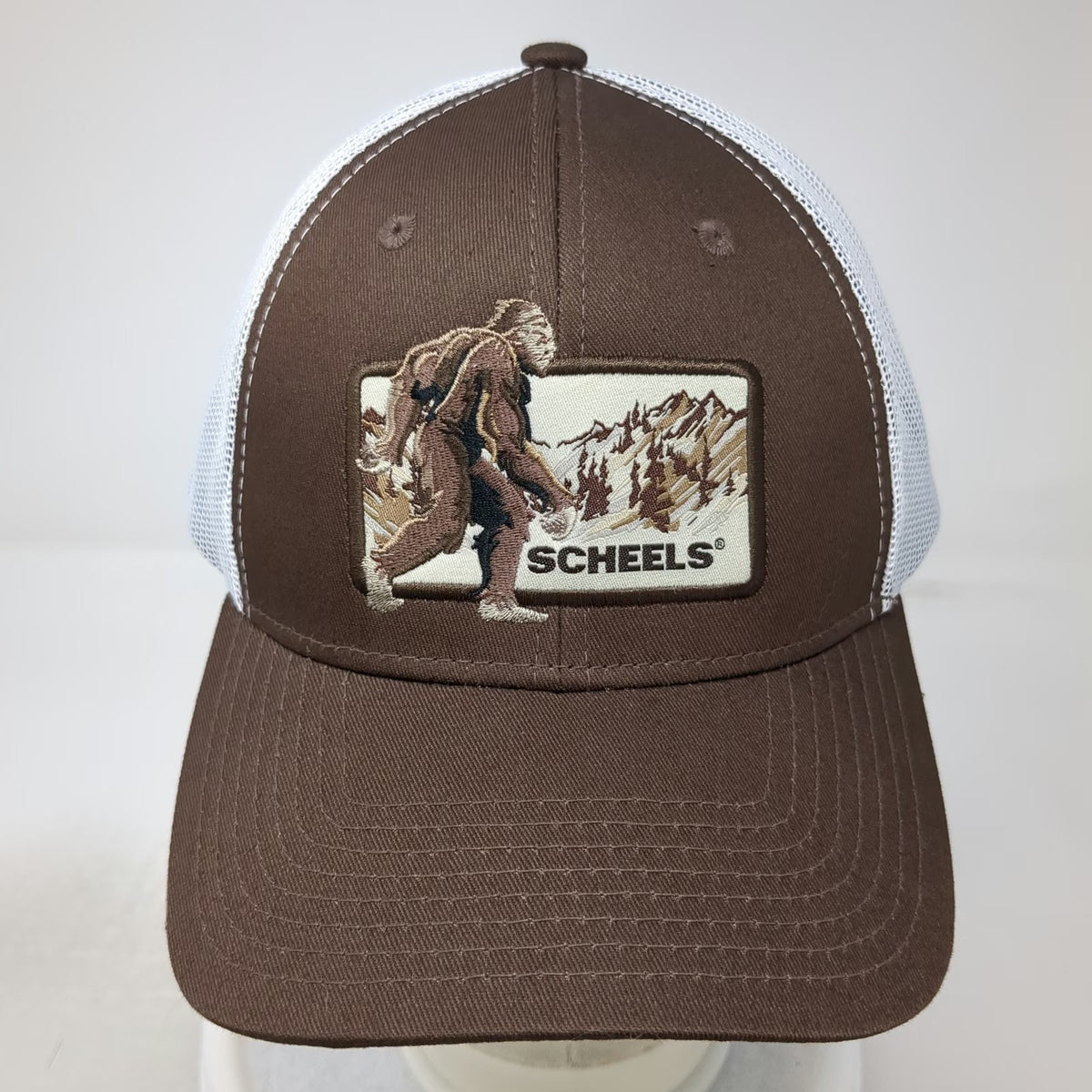 Scheels Trucker Hat Brown One Size Bigfoot Sasquatch Patch Mesh Snapback Outdoor