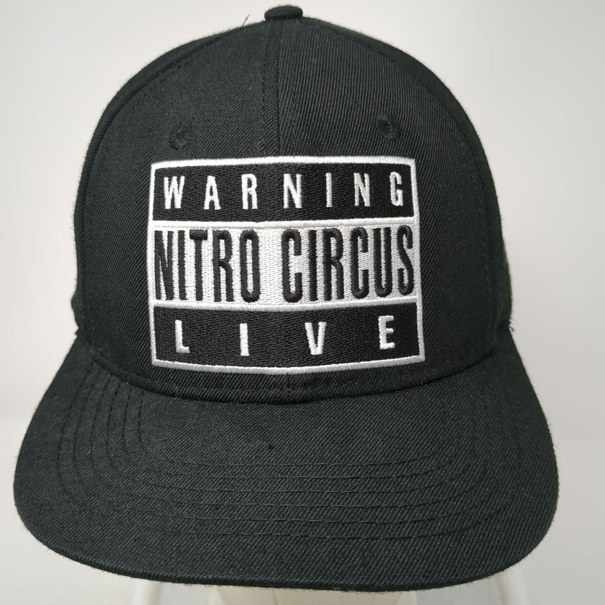 Nitro Circus Snapback Hat Black One Size Flat Brim Wool Blend Warning Logo