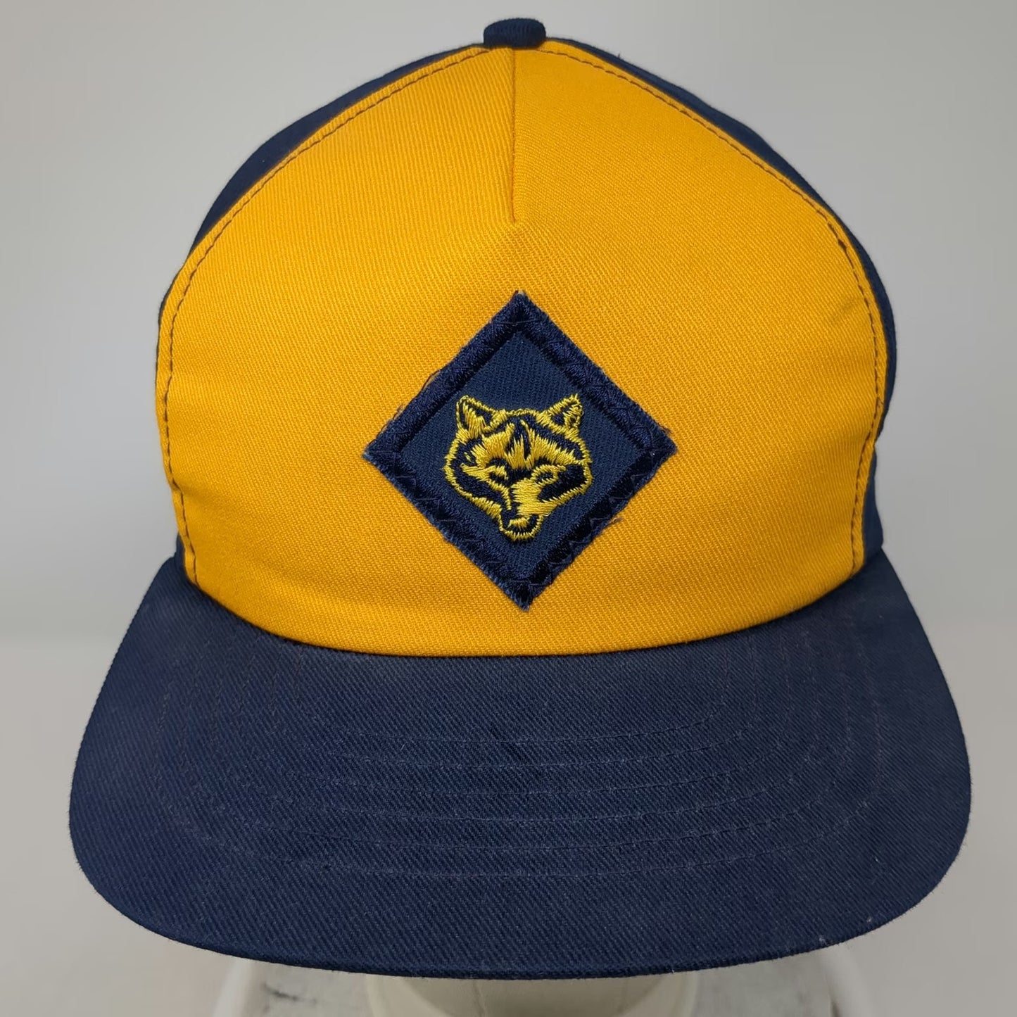 Cap America 5 Panel Blue Yellow L Wolf Patch Snapback Made in USA Vintage Hat
