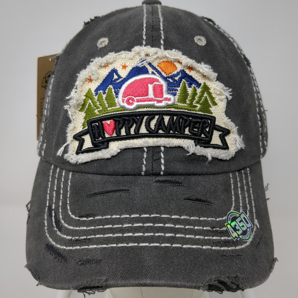 4350 District Baseball Cap Gray One Size Happy Camper Distressed Strapback Hat