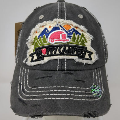 4350 District Baseball Cap Gray One Size Happy Camper Distressed Strapback Hat