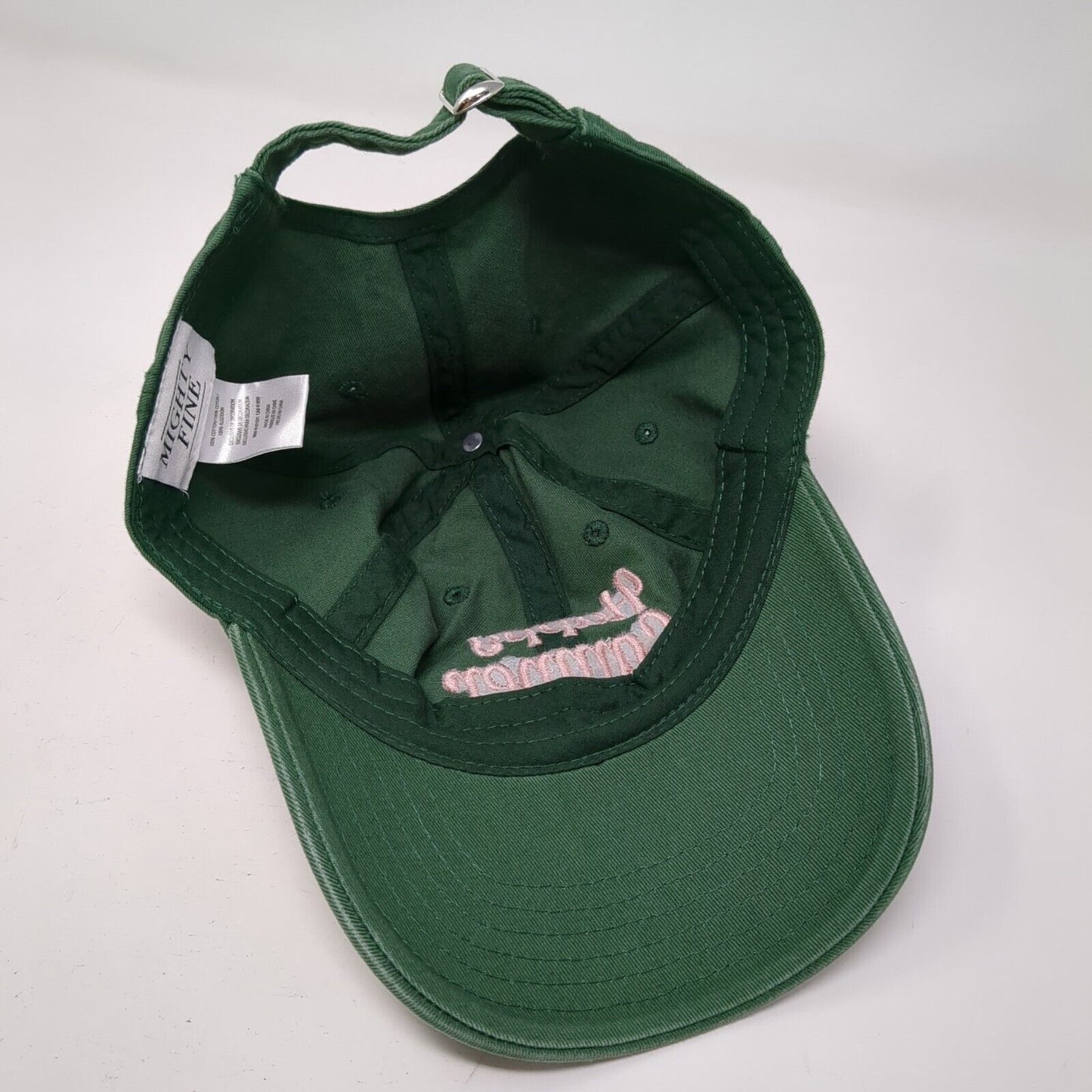Happy Camper Slideback Hat Green OSFA Adjustable Embroidered Mighty Fine Cotton