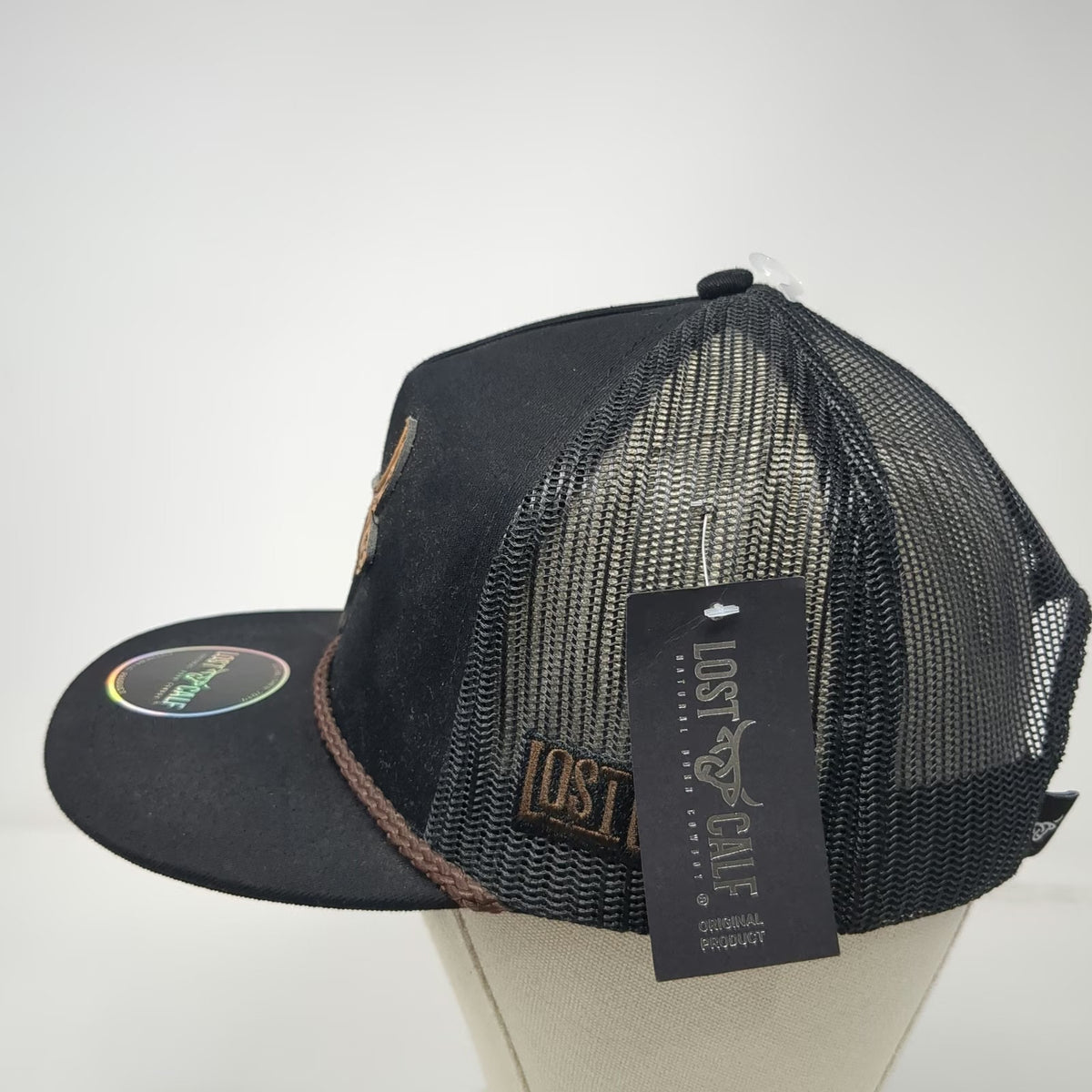 Lost Calf Trucker Hat Black OSFM Bull Patch Mesh Rope Western Buckle W/Tags