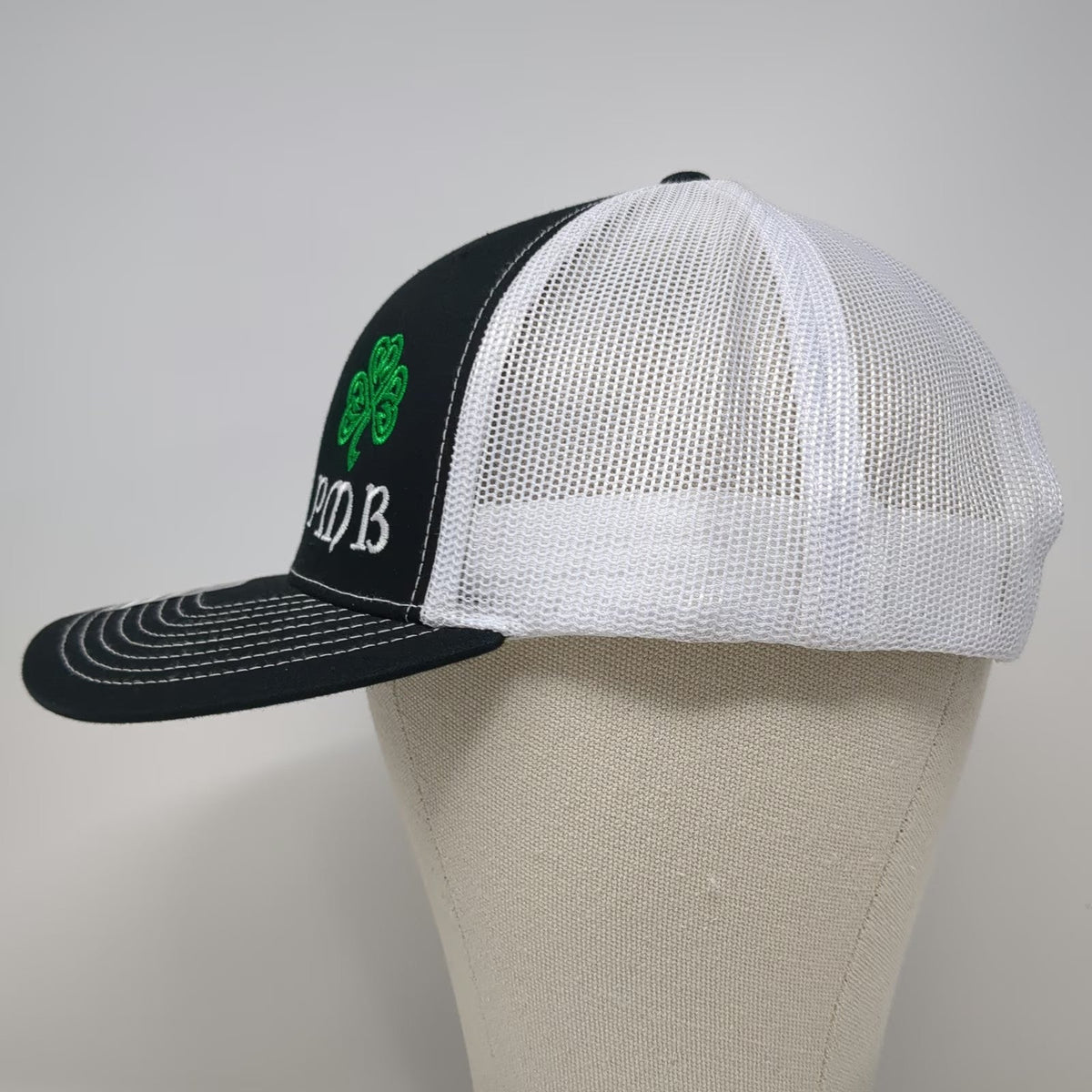 Richardson 112 Trucker Hat Black White One Size Snapback Mesh Shamrock PMB Logo