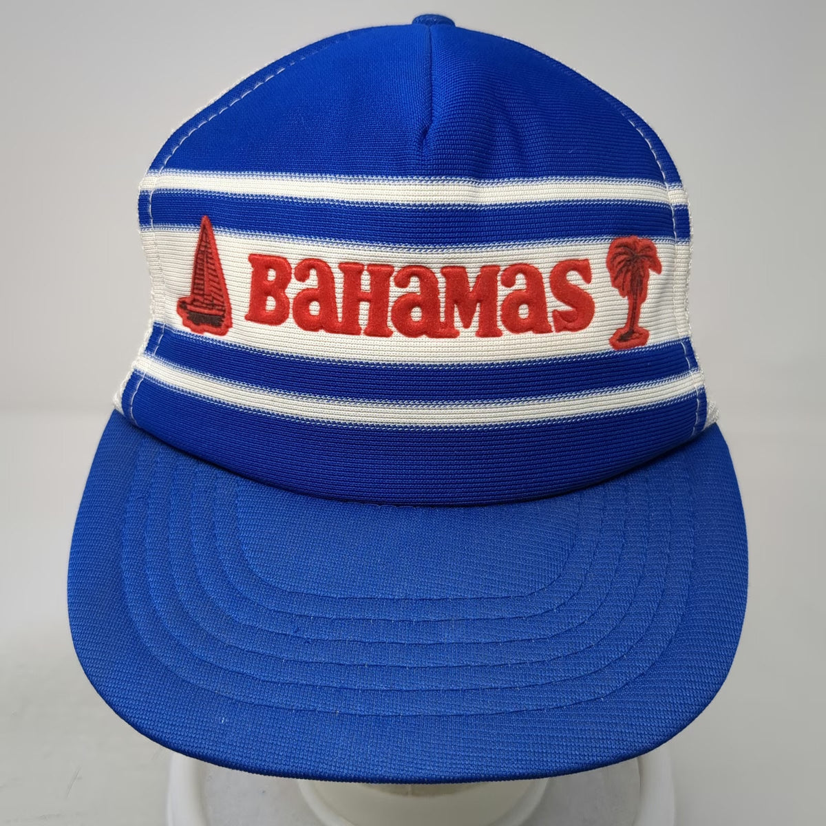 Bahamas Blue White Trucker Hat One Size Mesh Sailboat Palm Tree Striped Travel