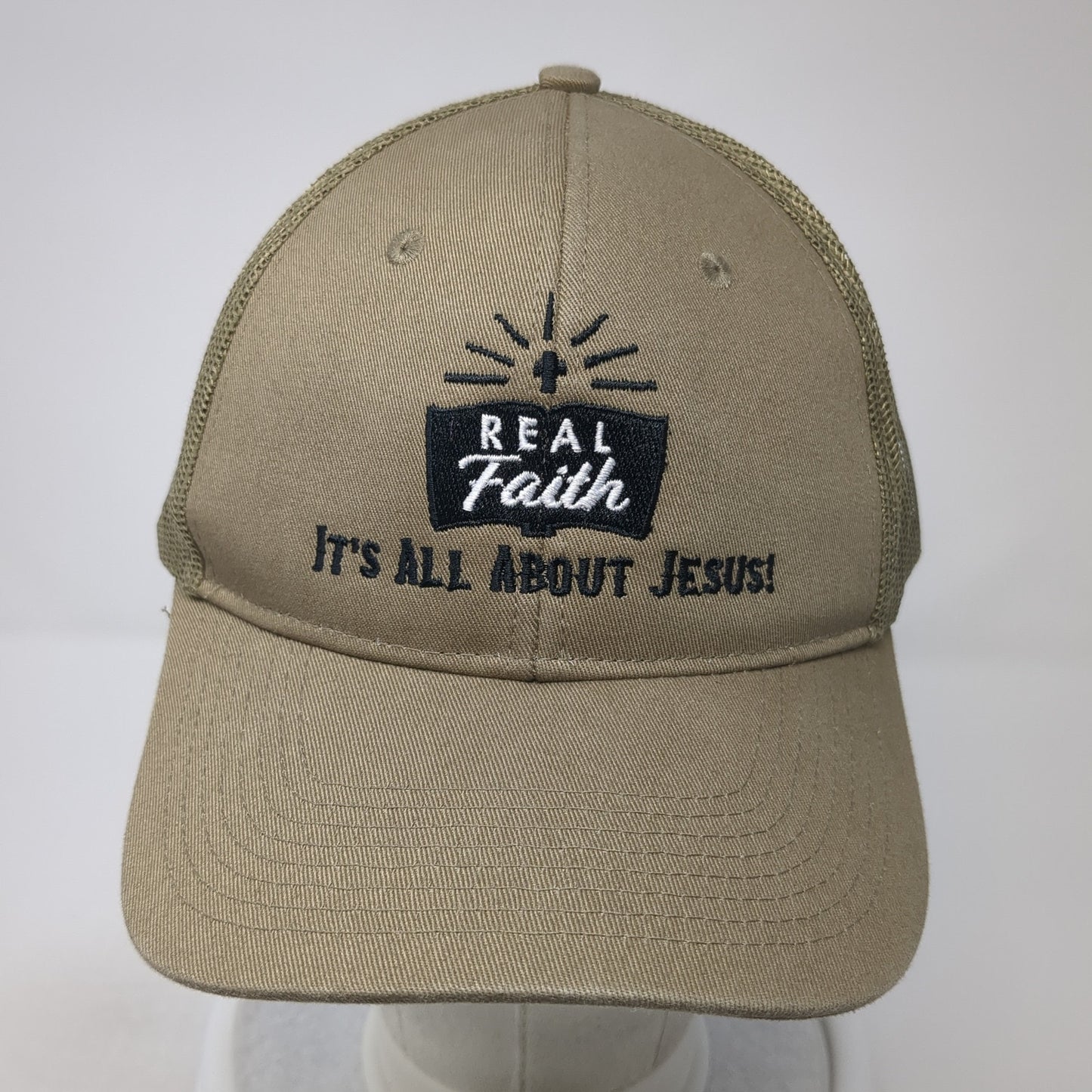 Real Faith It's All About Jesus! Trucker Hat Brown One Size Mesh Back