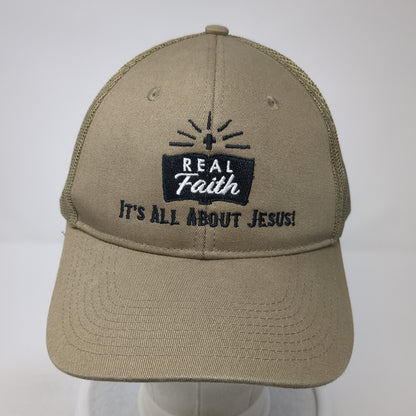 Real Faith It's All About Jesus! Trucker Hat Brown One Size Mesh Back
