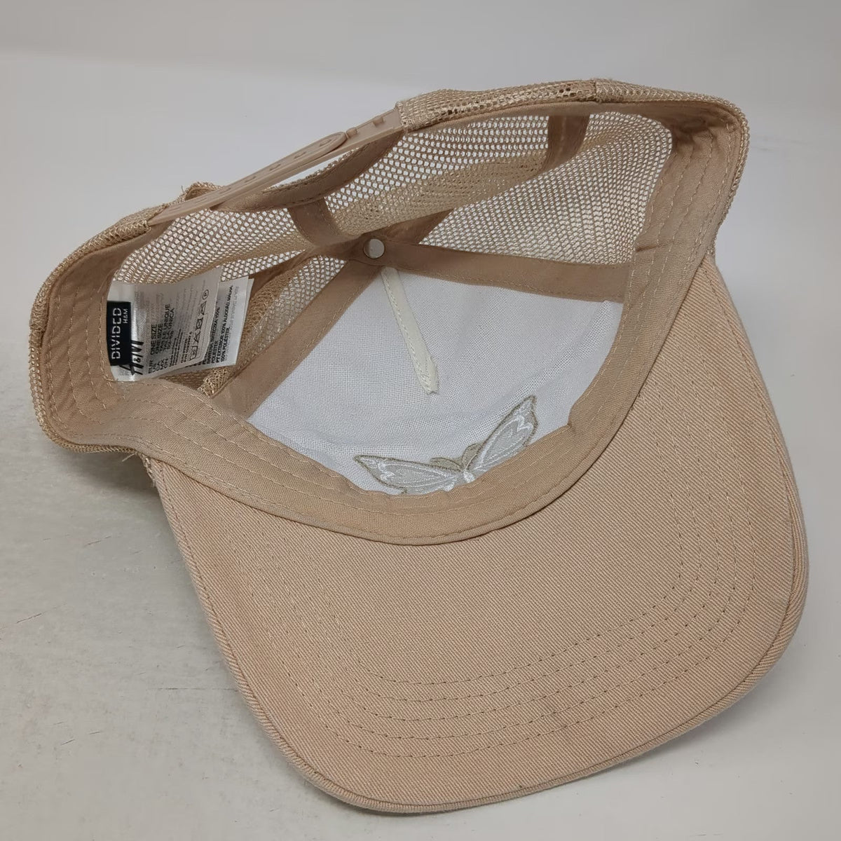 H&M Divided Trucker Hat Beige One Size Mesh Back Embroidered Butterfly Snapback