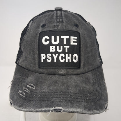 Cute But Pasycho Ponytail Trucker Hat Gray One Size Mesh Back Distressed