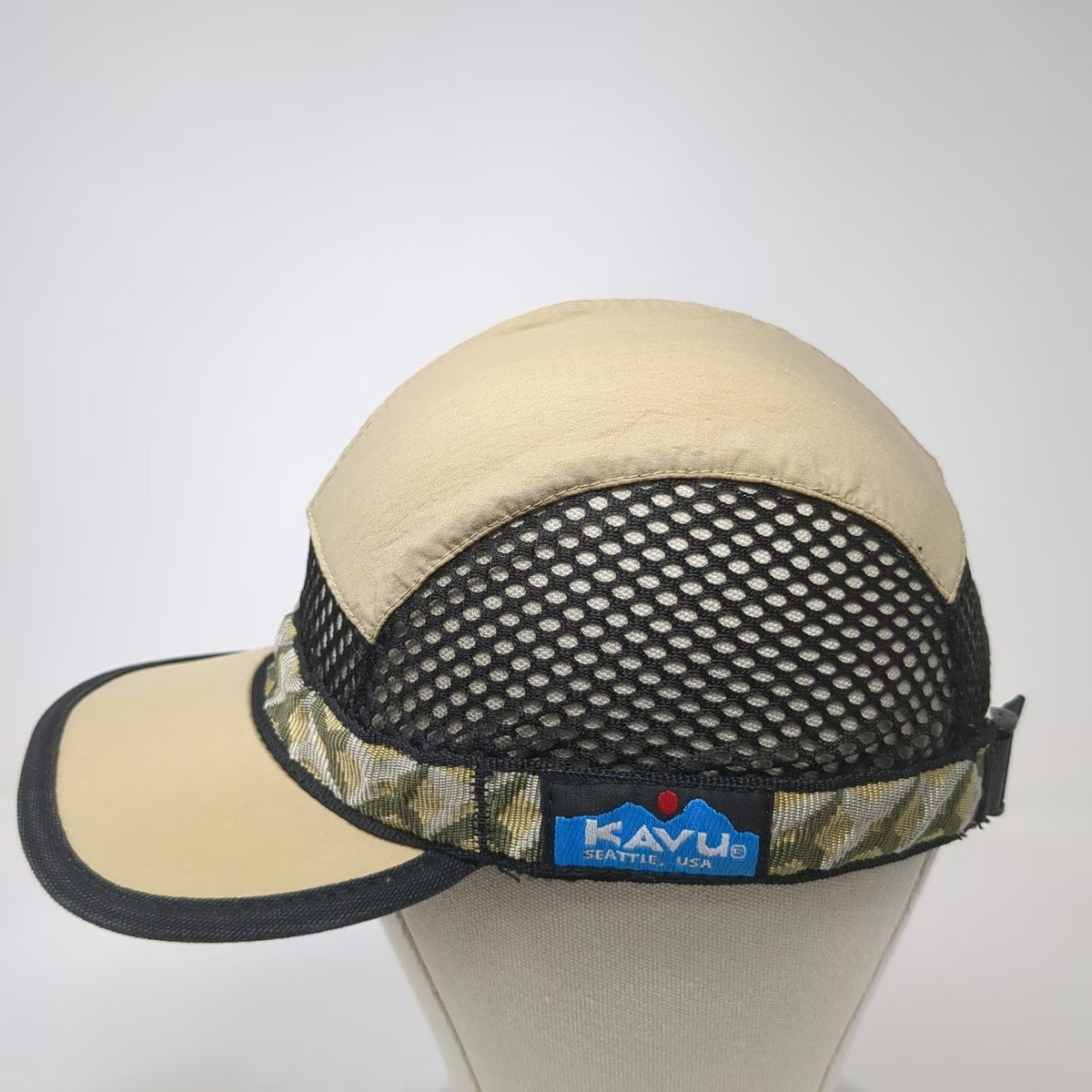 KAVU Baseball Cap Beige M Mesh Nylon Patterned Strap Seattle USA Adjustable Hat