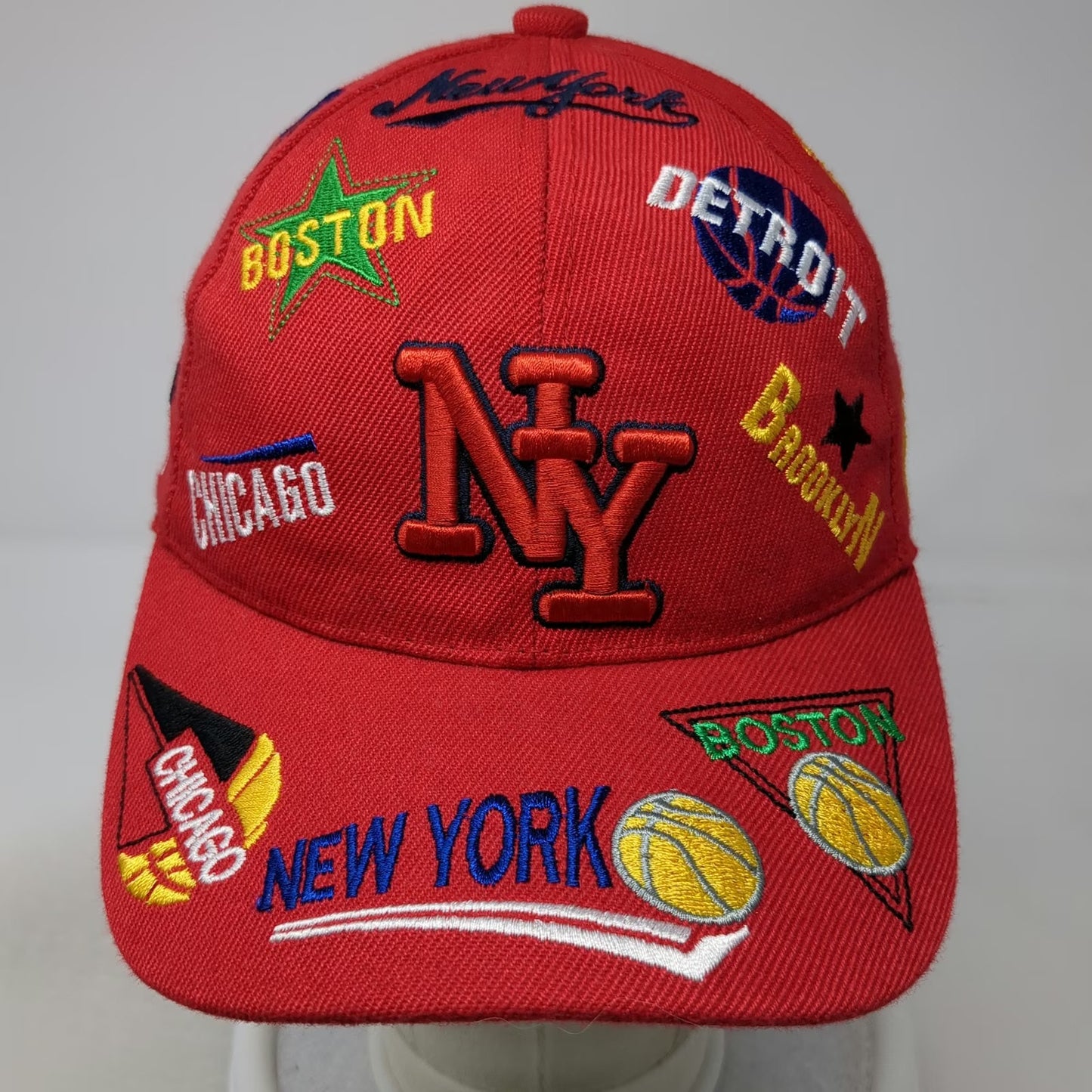 Red Baseball Cap One Size Multi-City Basketball Embroidery Strapback NY Chicago