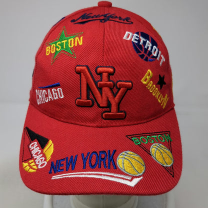 Red Baseball Cap One Size Multi-City Basketball Embroidery Strapback NY Chicago