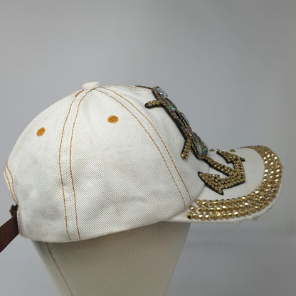 White Baseball Cap One Size Nautical Anchor Ship Wheel Studded Rhinestone Hat