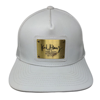 Karl Alley Snapback Hat White #B11737 Metal Plate Logo Cow Leather