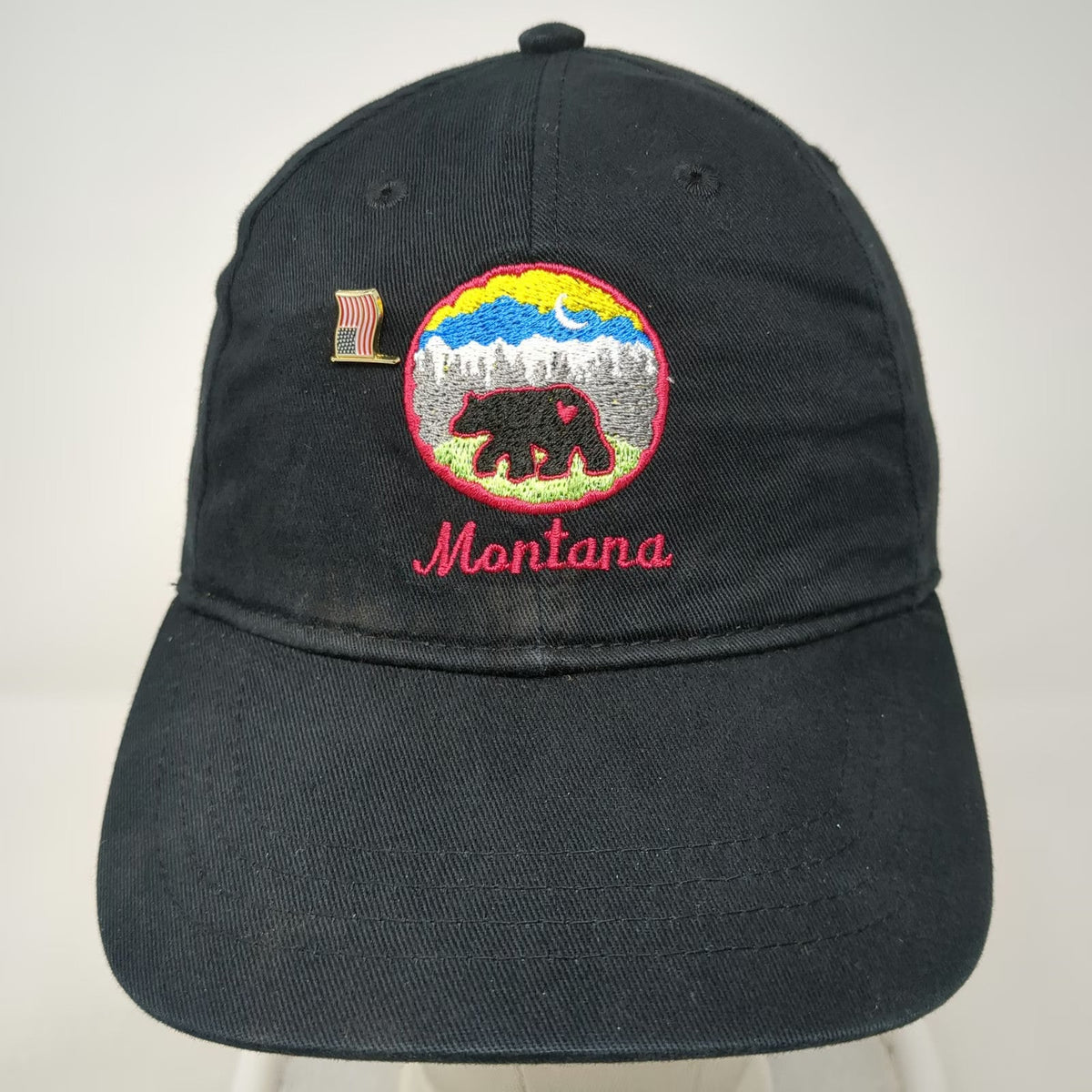 KNP Headwear Montana Bear Patch Hat Black One Size Baseball Cap US Flag Pin