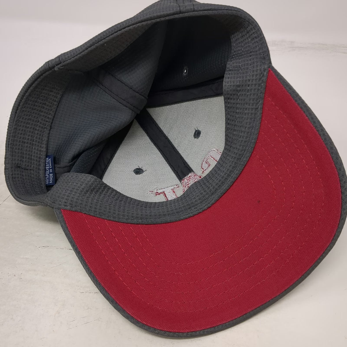 CAT Baseball Cap Gray Red One Size Textured Mesh Fabric Fitted Hat Work Logo