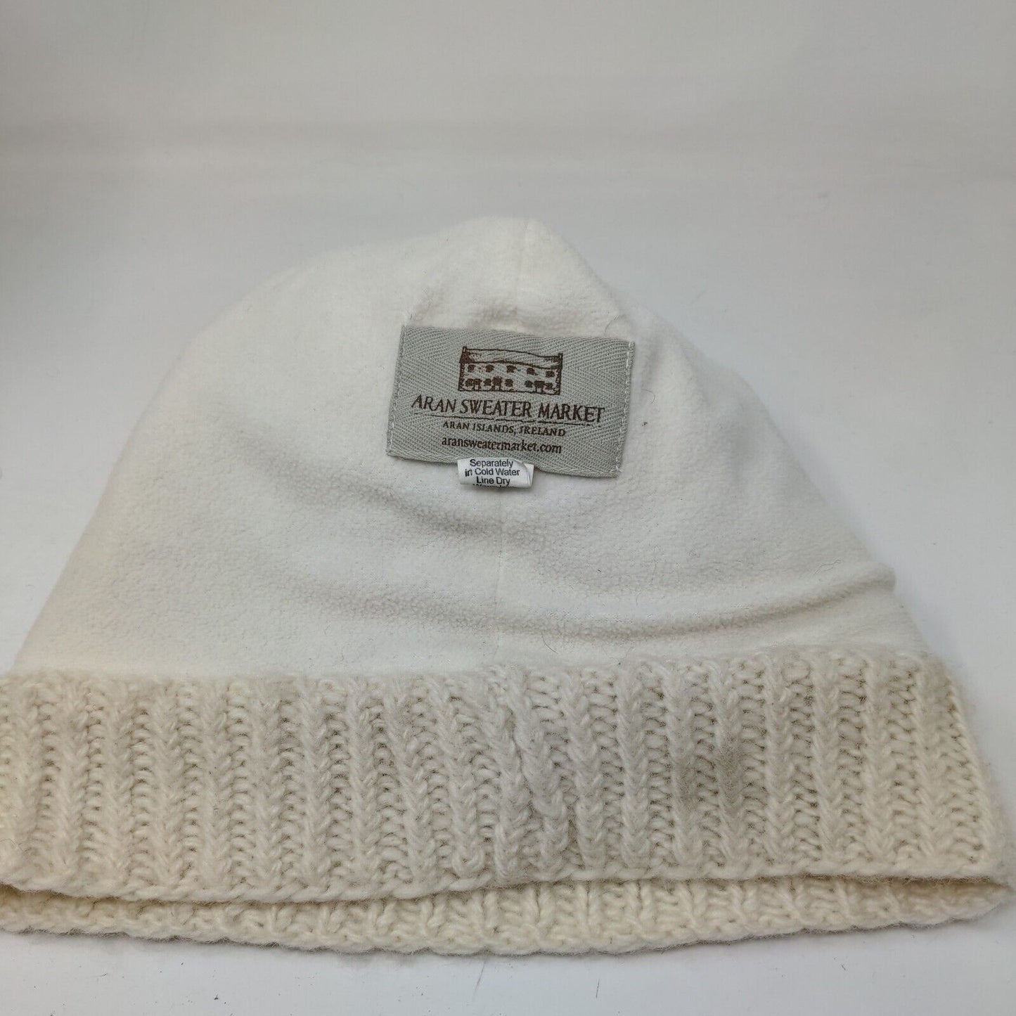 Aran Leather Patch Ribbed Cable Knit Pom Pom Beanie Hat Cream One Size