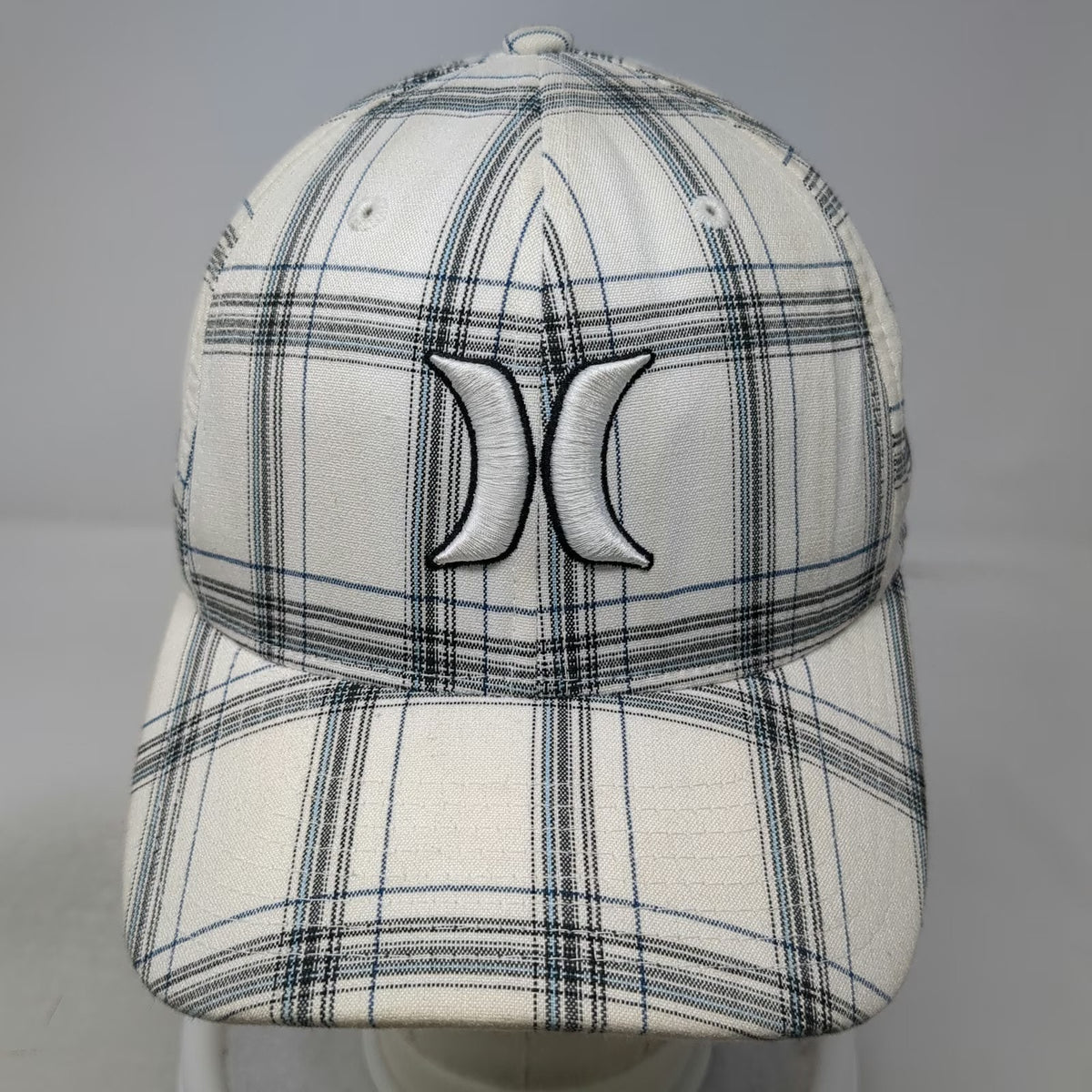 Hurley Plaid Baseball Cap One Size White Blue Black Flexfit Logo Embroidered Hat