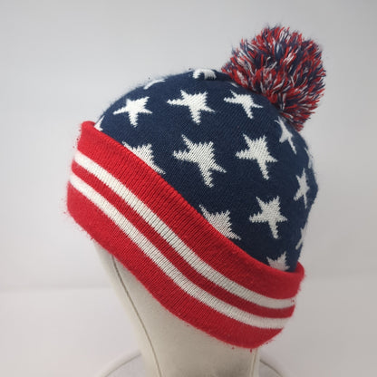 American Flag Beanie Hat Multicolor One Size Stretch Knitted Patriotic Pom Pom