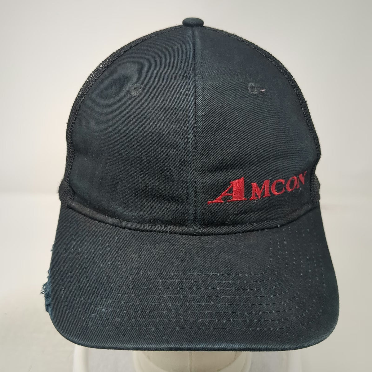 Port Authority Trucker Hat Black OSFM AMCON Red Logo Mesh Snapback Distressed