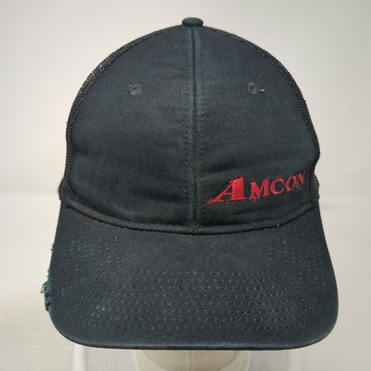 Port Authority Trucker Hat Black OSFM AMCON Red Logo Mesh Snapback Distressed